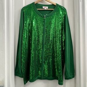 Quaker Factory Green Zip Up Sequin Sweater, size 1X - NWOT
